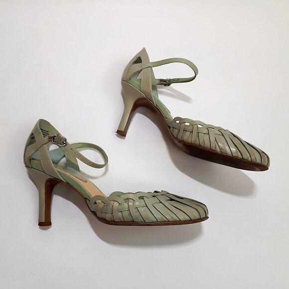 NINE WEST Lattice Weave Heeled Sandals with Ankle Strap in Mint Green Leahter - Picture 1 of 12